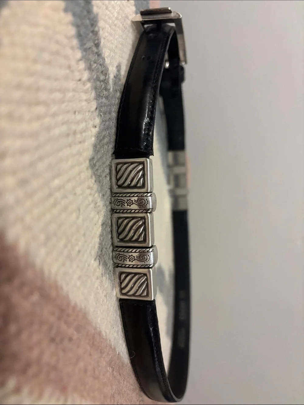 Brighton Black Leather Skinny Belt with Silver Square Accents